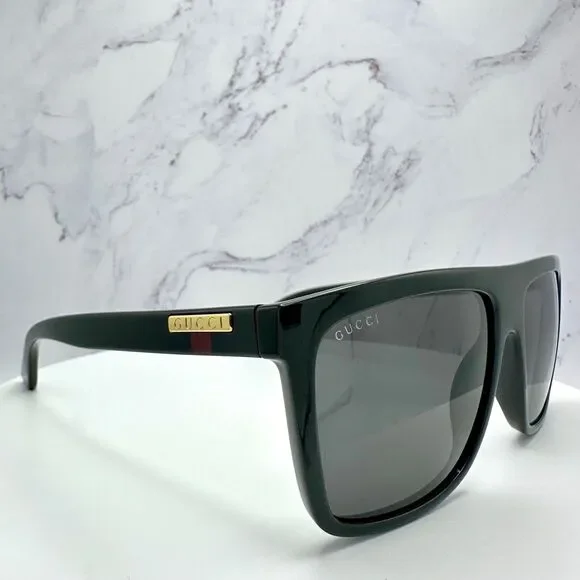 New GUCCI Sunglasses Black Square Aviator Gold Plate Engraved Logo Web Arm GUCCI